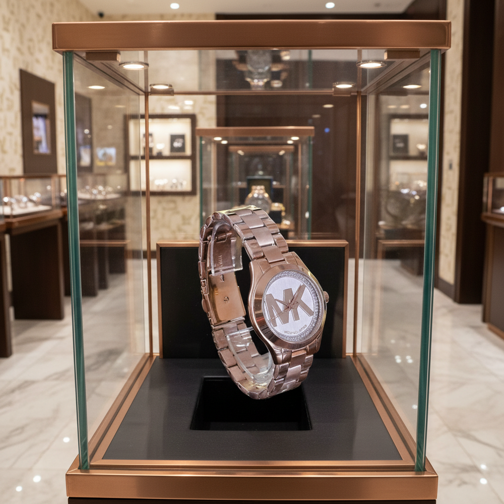 ساعة مايكل كورس ميني سليم رانوي - لون ذهبي وردي - بشعار MK وتصميم مرصع بالكريستال - علبة ساعة مجانية 