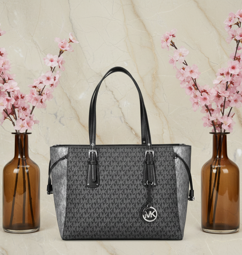 MICHAEL KORS VOYAGER 2 TONE METALLIC LOGO TOTE - MEDIUM