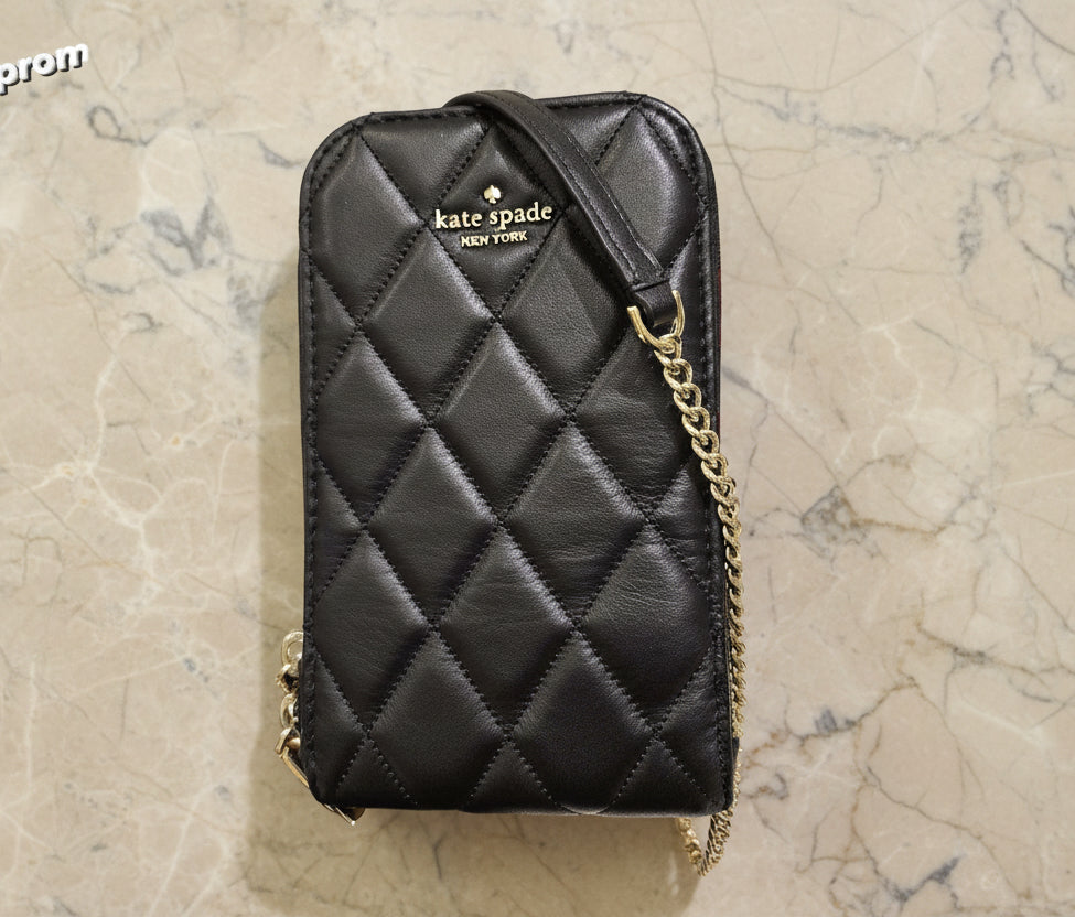 KATE SPADE CAREY NORTH SOUTH ZIP QUILTED PHONE CROSSBODY LEATHER - BLACK
