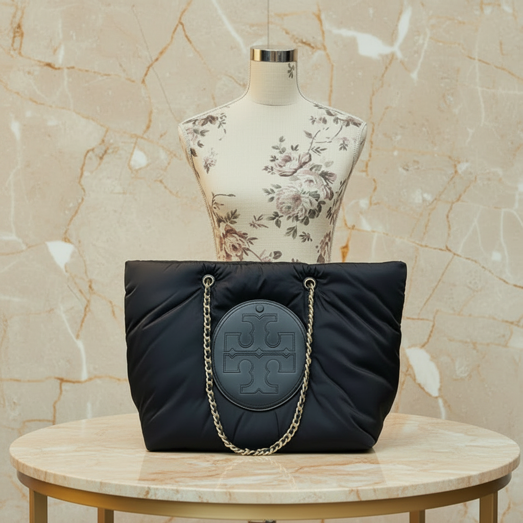 TORY BURCH ELLA PUPPY MAGNETIC CLOSURE CHAIN TOTE - BLACK
