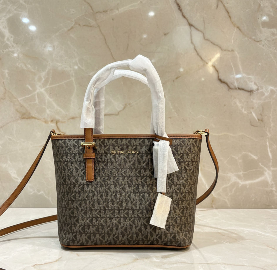 MICHAEL KORS XS JET SET CARRYALL TRAVEL ZIP TOTE - BLACK - BROWN MULTI WITH A TOUCH OF METTALIC GOLD