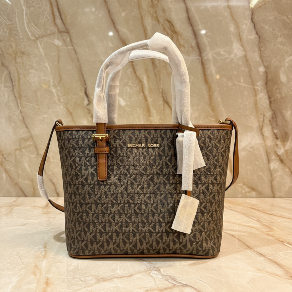 MICHAEL KORS XS JET SET CARRYALL TRAVEL ZIP TOTE - BLACK - BROWN MULTI WITH A TOUCH OF METTALIC GOLD