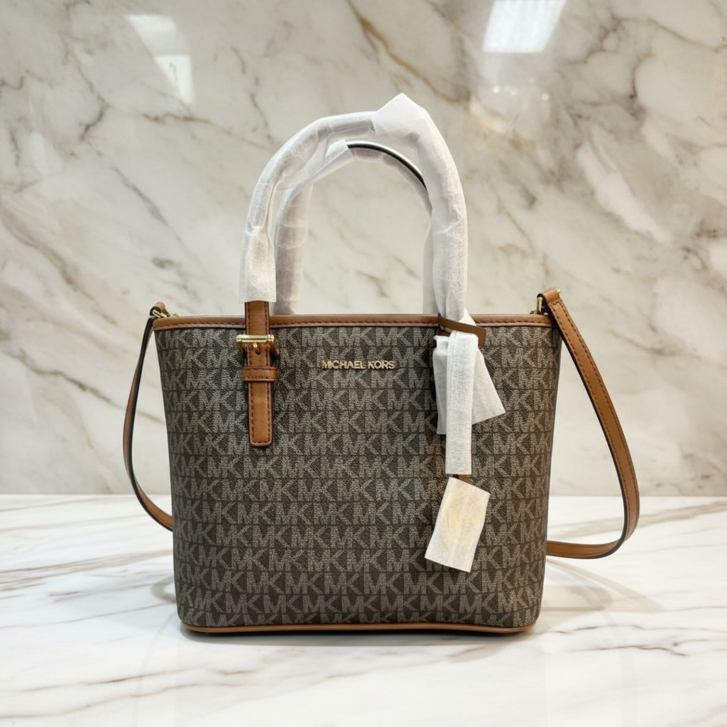 MICHAEL KORS XS JET SET CARRYALL TRAVEL ZIP TOTE - BLACK - BROWN MULTI WITH A TOUCH OF METTALIC GOLD