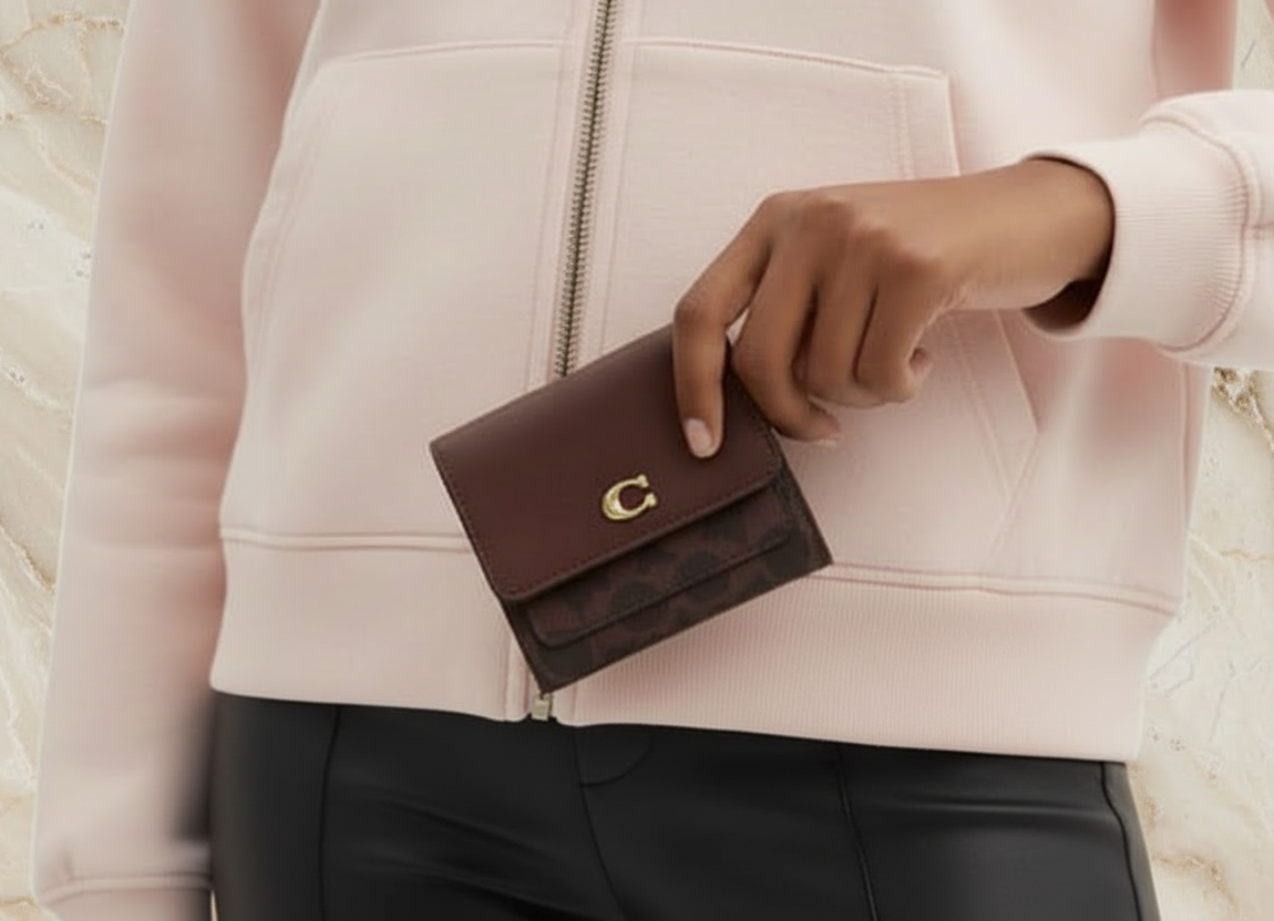 COACH MILA SMALL TRIFOLD WALLET - MAPLE COLOR SIGNATURE