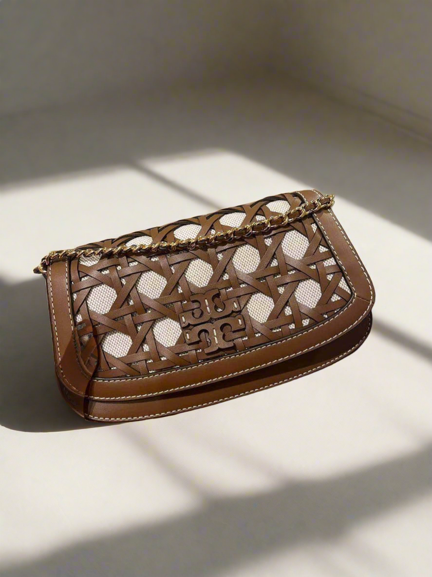 TORY BURCH BRITTEN  BASKET WEAVE CONVERTIBLE CRISSBODY/SHOULDER BAG - MOOSE COLOR