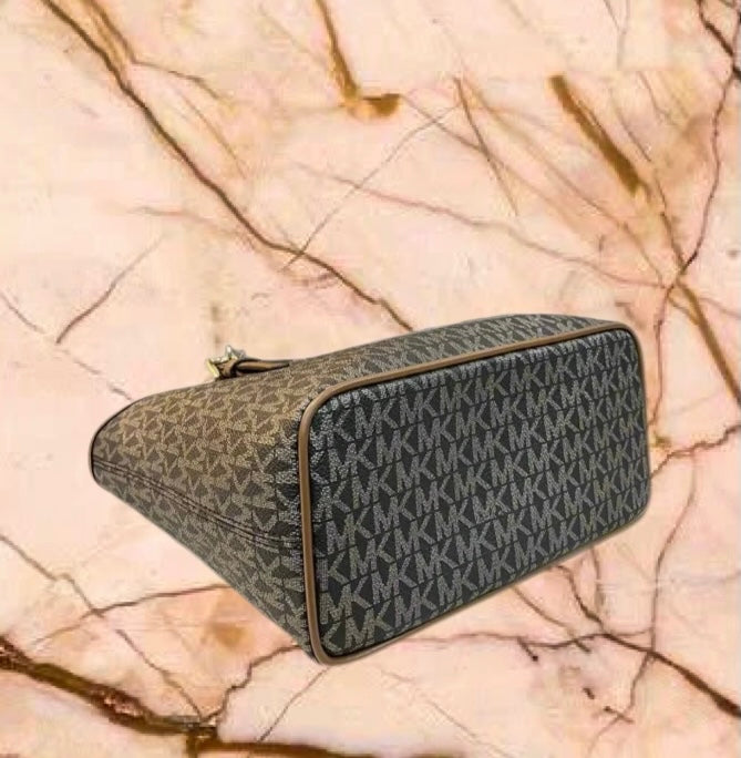 MICHAEL KORS XS JET SET CARRYALL TRAVEL ZIP TOTE - BLACK - BROWN MULTI WITH A TOUCH OF METTALIC GOLD