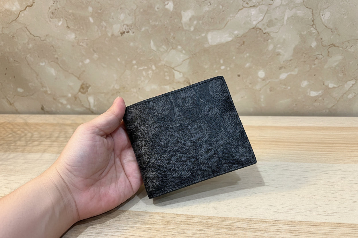 COACH MEN’S BIFOLD WALLET WITH INSERT - SIGNATURE CHARCOAL BLACK - NO INSERT