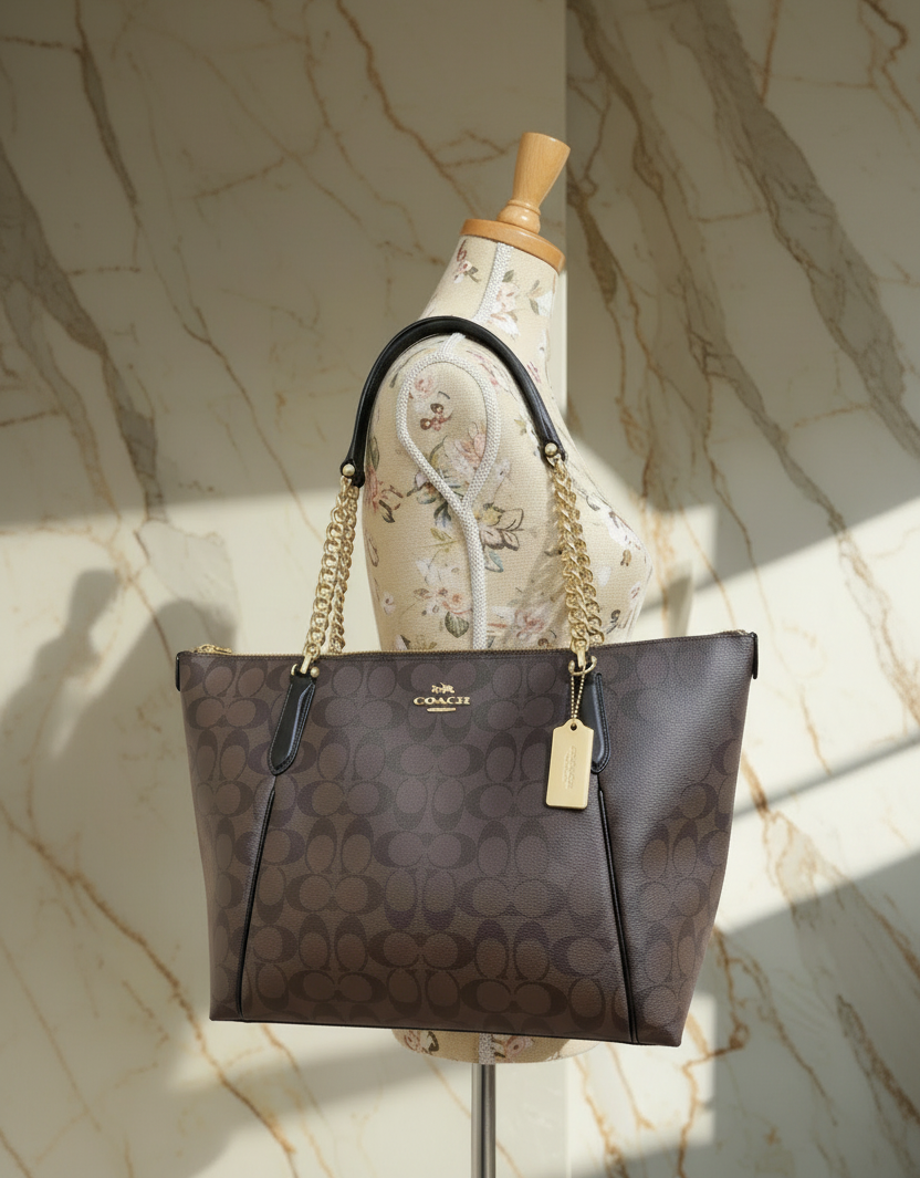 COACH AVA LARGE ZIP TOP TOTE IN SIGNATURE BLACK BROWN