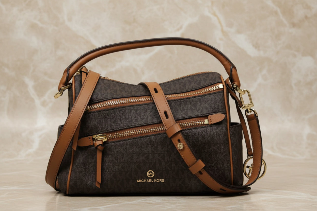 MICHAEL KORS LORIMER SATCHEL IN SIGNATURE BROWN ACORN - MEDIUM ( FROM BOUTIQUE STORE )