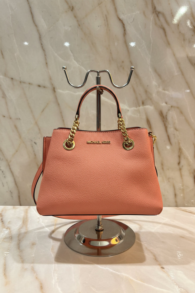 MICHAEL KORS SMALL TEAGEN LEATHER SATCHEL - PEACH
