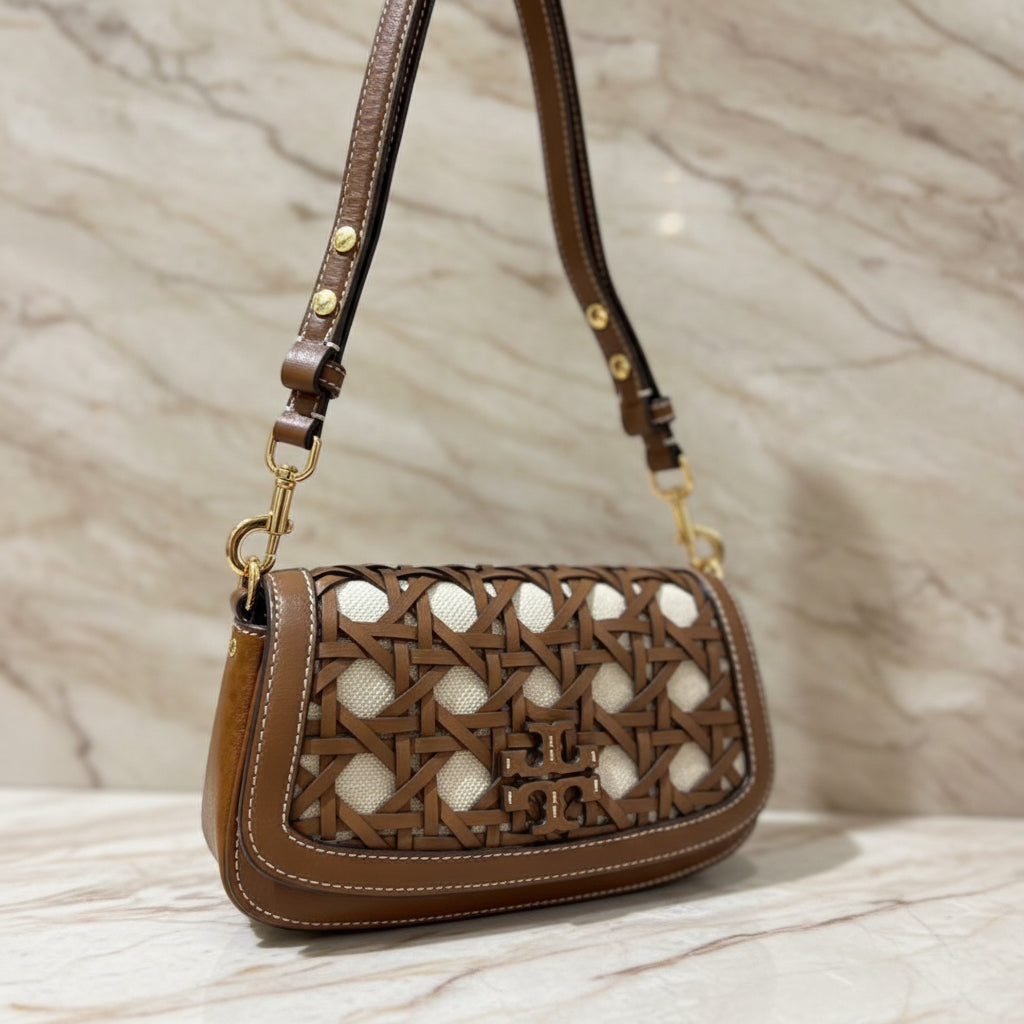 TORY BURCH BRITTEN  BASKET WEAVE CONVERTIBLE CRISSBODY/SHOULDER BAG - MOOSE COLOR