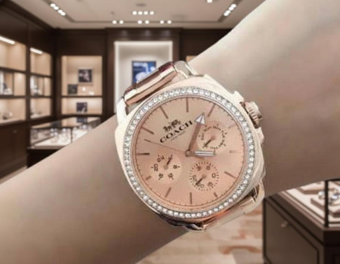 ساعة كوتش ذات وجه كبير - مطلية بالذهب الوردي والفولاذ المقاوم للصدأ