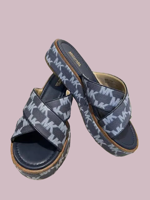 MICHAEL KORS INDIRA LOGO JACQUARD PLATFORM SANDALS - BLUE - SIZE 6 CAN FIT TO SIZE 5.5