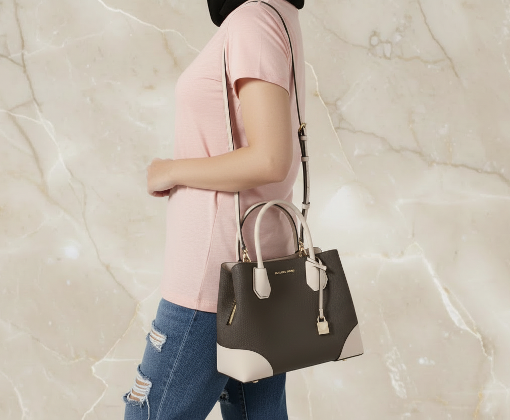 MICHAEL KORS MERCER GALLERY MEDIUM LOGO SATCHEL BAG - BROWN/SOFT PINK
