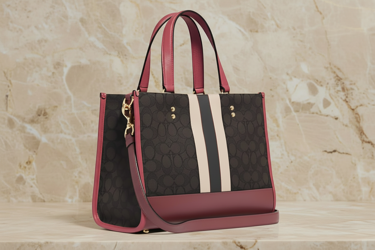 COACH DEMPSEY TOTE CARRYALL MEDIUM IN SIGNATURE JACQUARD CANVAS CENTER STRIPE STRAWBERRY HAZE