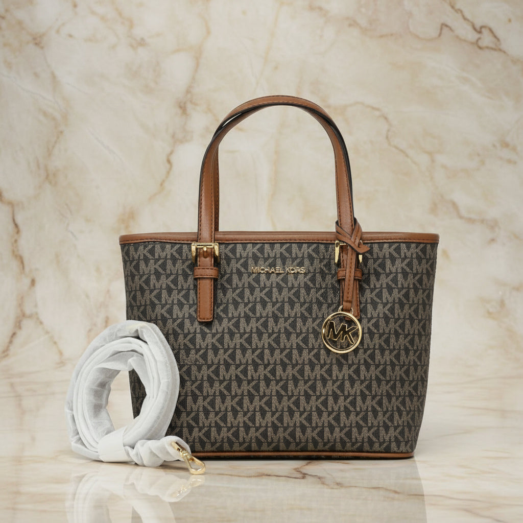 MICHAEL KORS XS JET SET CARRYALL TRAVEL ZIP TOTE - BLACK - BROWN MULTI WITH A TOUCH OF METTALIC GOLD
