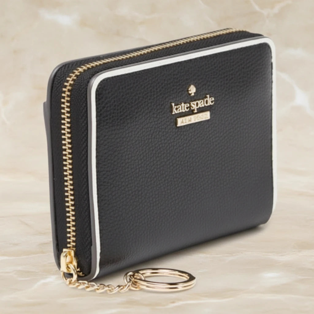 Kate Spade Wallet Black Pebbled & White Trim Key Chain Dani Patterson Drive