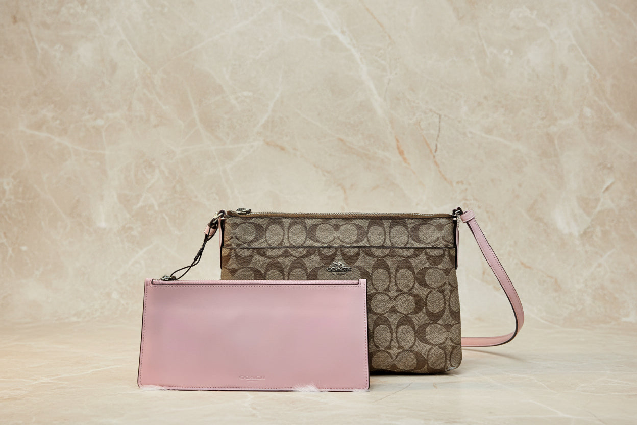 SALE‼️ COACH EAST WEST CROSSBODY WITH POP-UP POUCH KHAKI-PINK - WITH FLAWS/PEELED OFF/SCALED FROM THE CREED INSIDE, SEE PHOTO