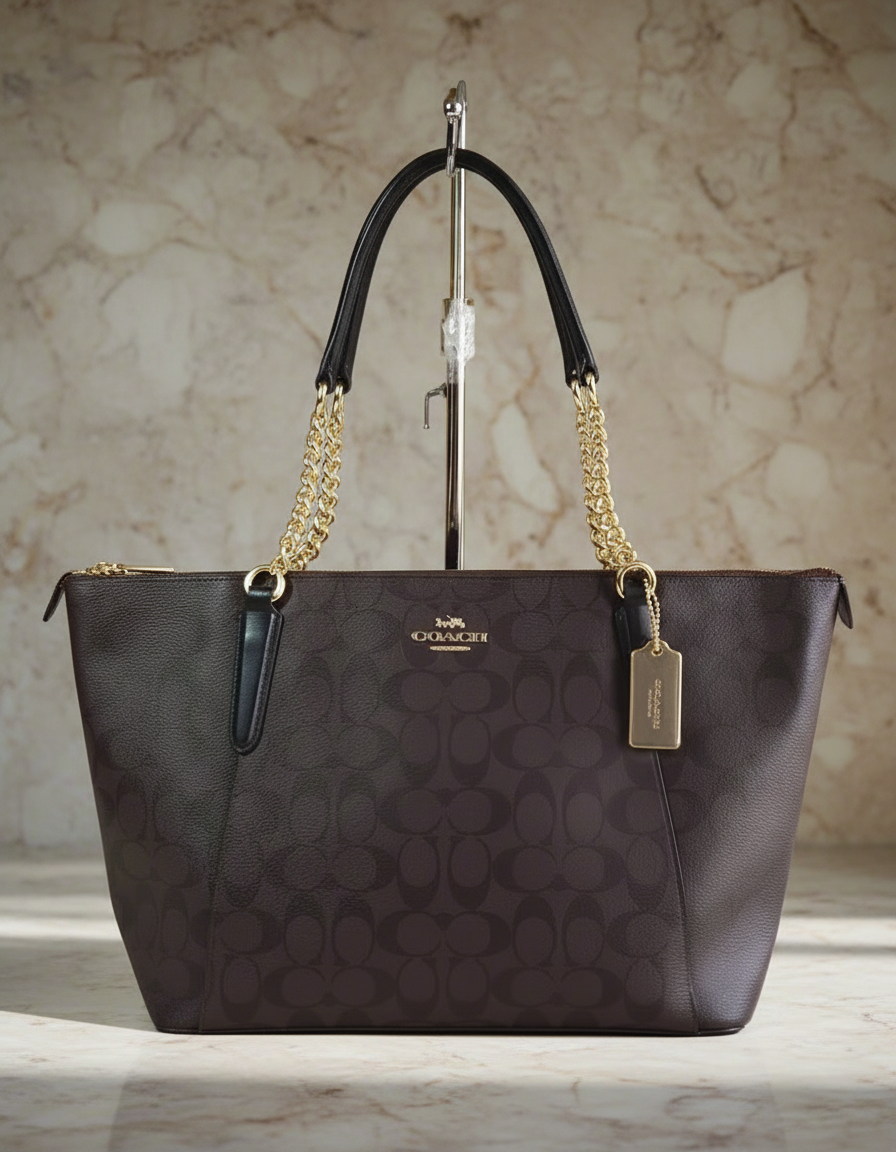 COACH AVA LARGE ZIP TOP TOTE IN SIGNATURE BLACK BROWN