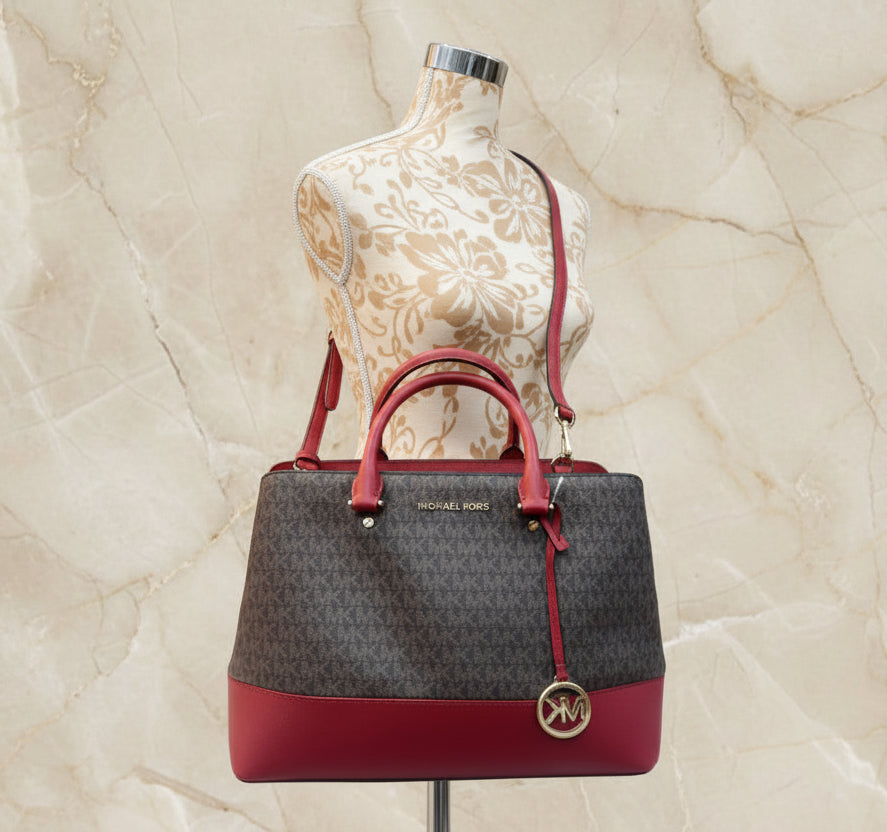 MICHAEL KORS SAVANNAH LARGE SATCHEL IN SIGNATURE BROWN/RED - SCARLET