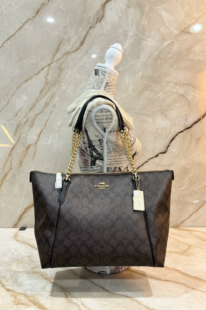 COACH AVA LARGE ZIP TOP TOTE IN SIGNATURE BLACK BROWN