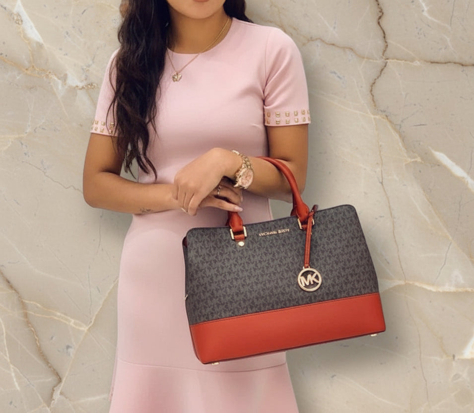 MICHAEL KORS SAVANNAH LARGE SATCHEL IN SIGNATURE BROWN/RED - SCARLET