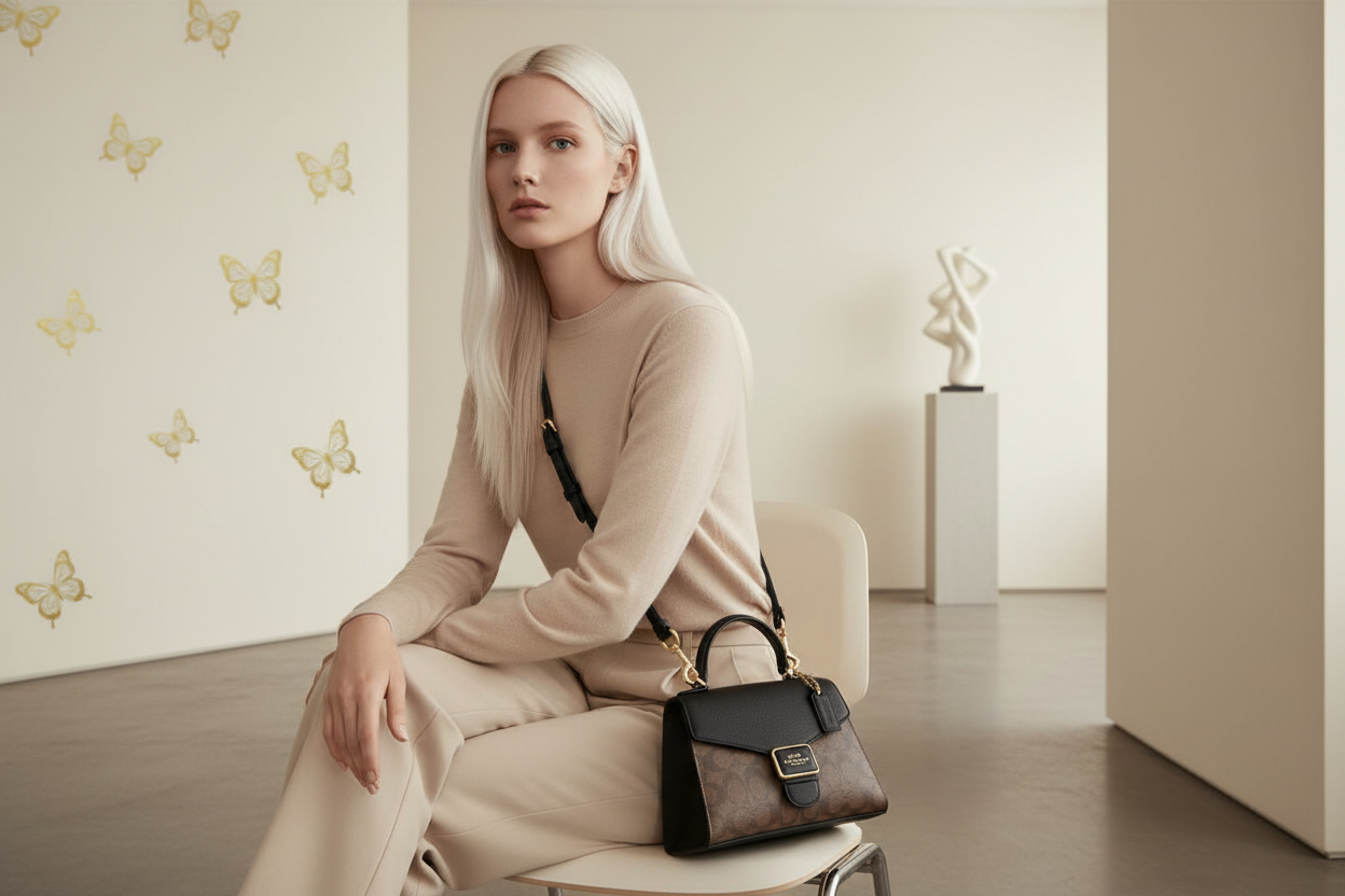 COACH SMALL PEPPER SATCHEL TOP HANDLE IN SIGNATURE BROWN BLACK