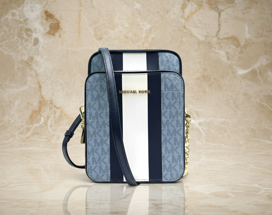 MICHAEL KORS - BELOW SRP WITH FLAWS IN FRONT - SLIGHT MARK LIKE PEN - JET SET TRAVEL LOGO STRIPE CROSSBODY BAG