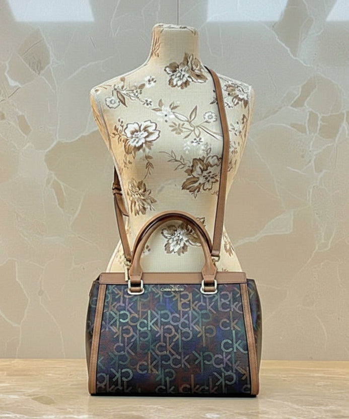 CALVIN KLEIN BUNDLE BAG & LONG WALLET JANAE SATCHEL CROSSBODY BAG IN SIGNATURE BROWN