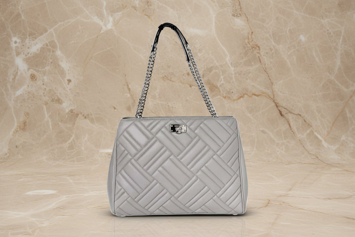 MICHAEL KORS PEYTON QUILTED LARGE CHAIN LINK TOTE CONVERTIBLE - PEARL GRAY
