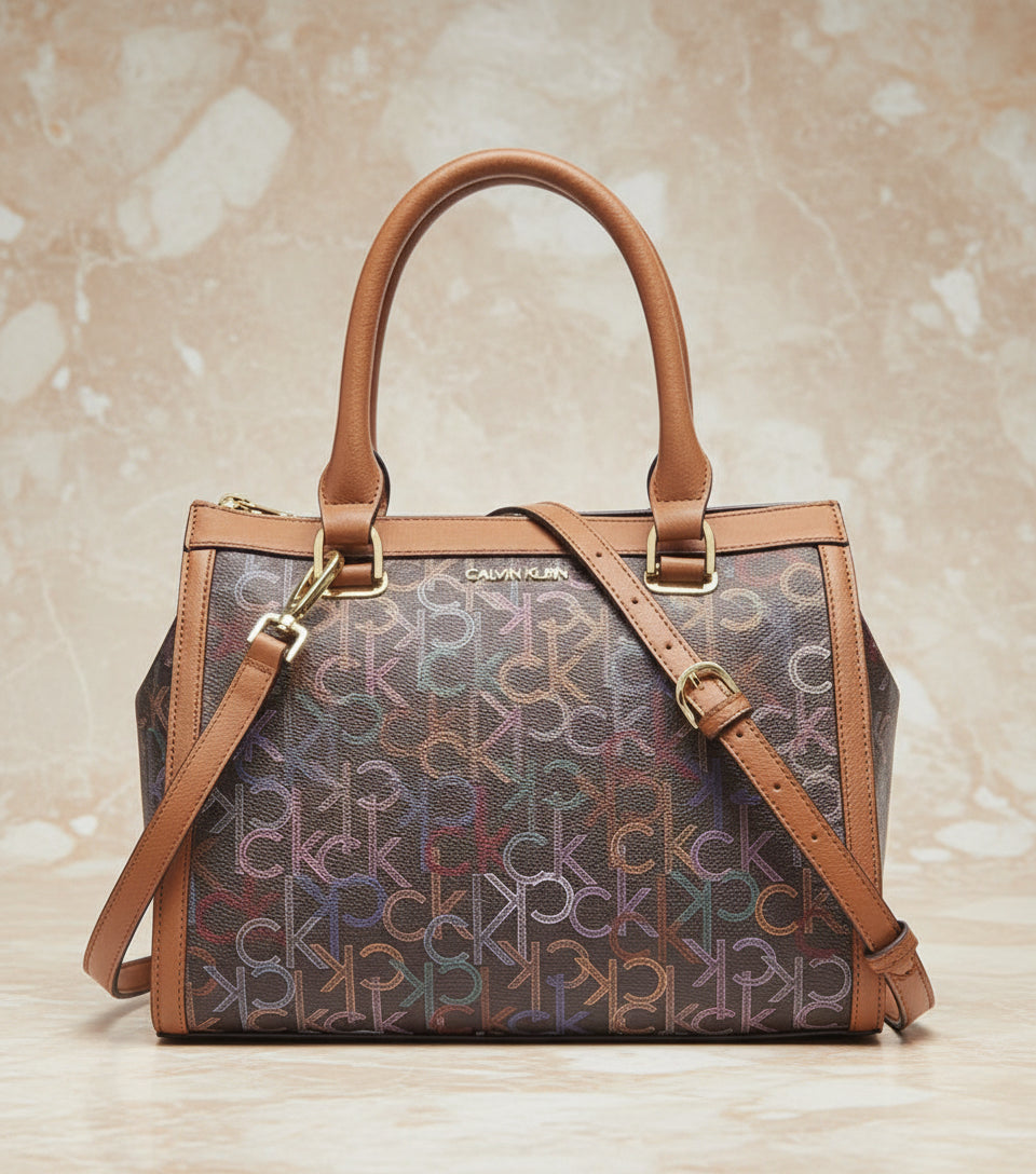 CALVIN KLEIN BUNDLE BAG & LONG WALLET JANAE SATCHEL CROSSBODY BAG IN SIGNATURE BROWN