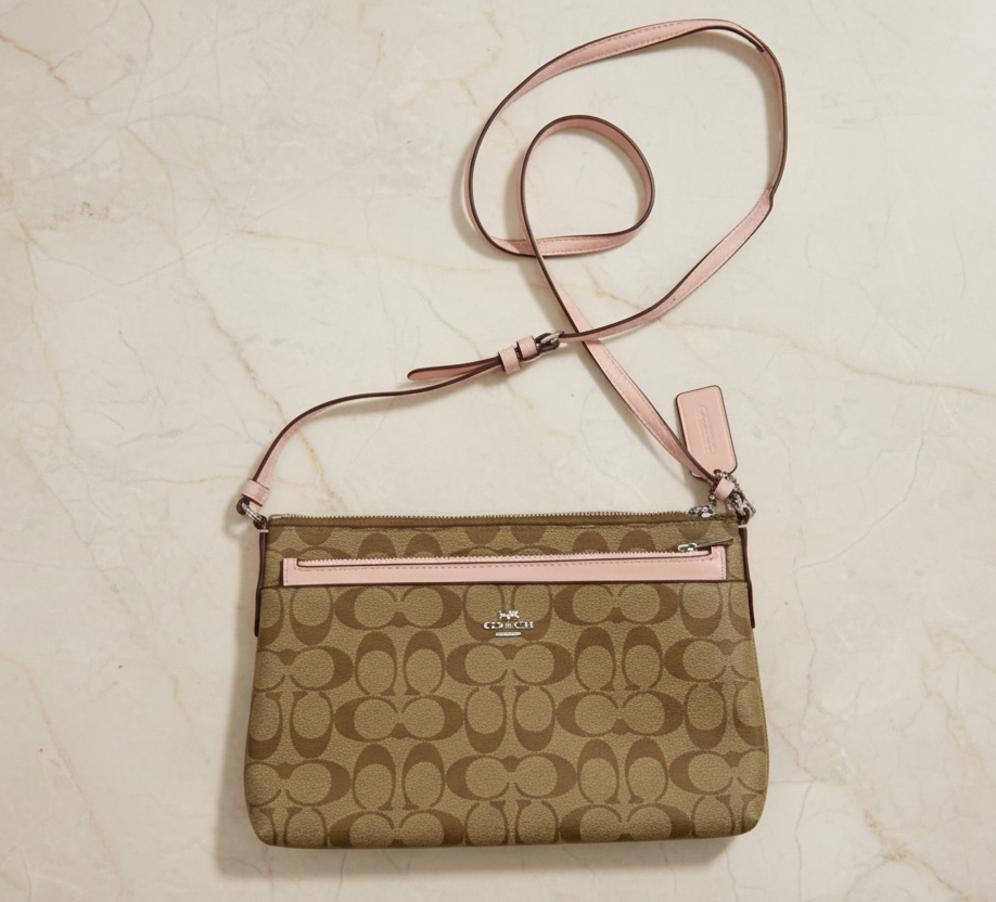 SALE‼️ COACH EAST WEST CROSSBODY WITH POP-UP POUCH KHAKI-PINK - WITH FLAWS/PEELED OFF/SCALED FROM THE CREED INSIDE, SEE PHOTO