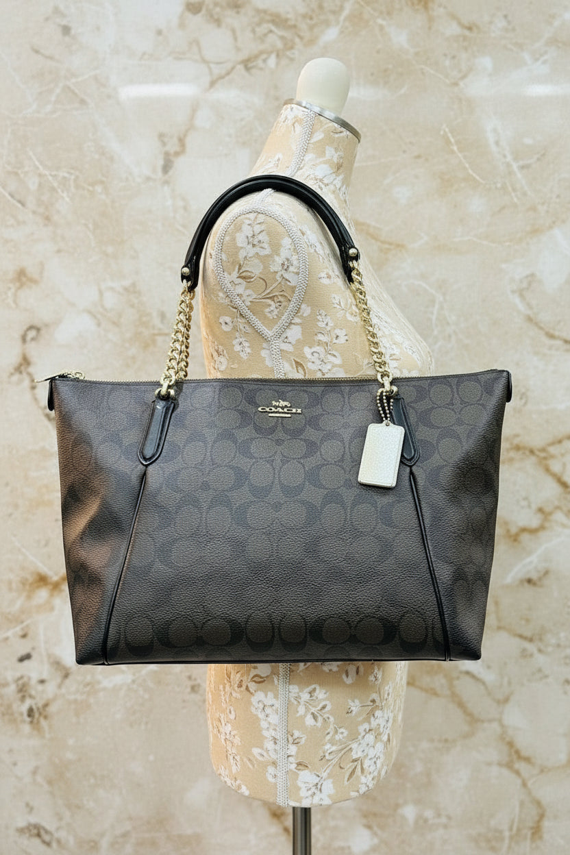 COACH AVA LARGE ZIP TOP TOTE IN SIGNATURE BLACK BROWN