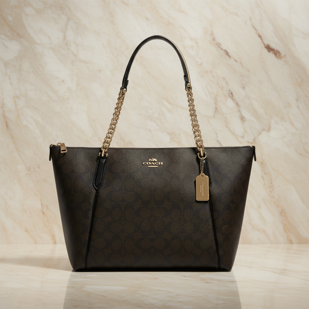 COACH AVA LARGE ZIP TOP TOTE IN SIGNATURE BLACK BROWN
