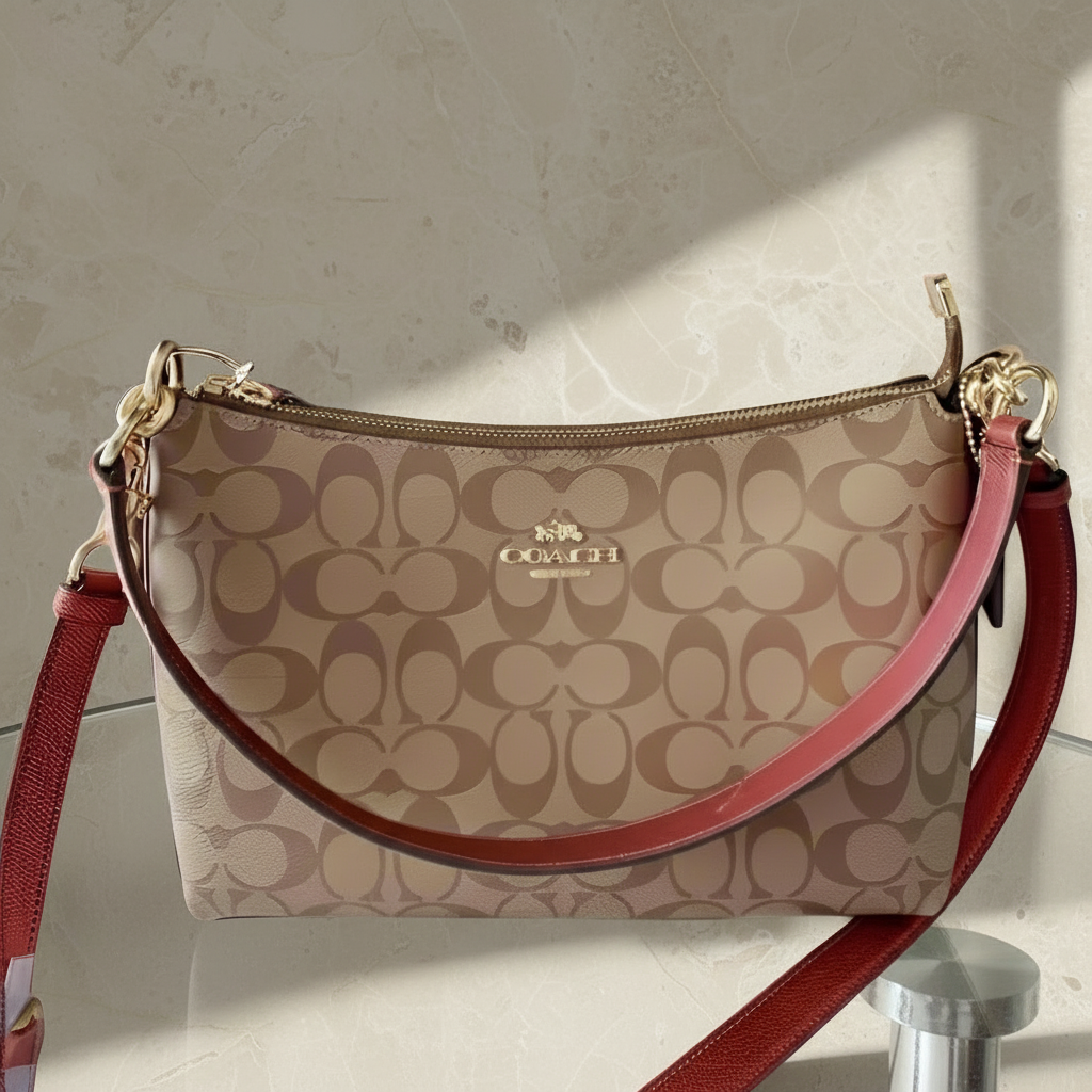 COACH BUNDLE LEWIS SHOULDER BAG/CROSSBODY BAG & ZIP AROUND WRISLET WALLET IN SIGNATURE CANVAS METTALIC CLAY LINING