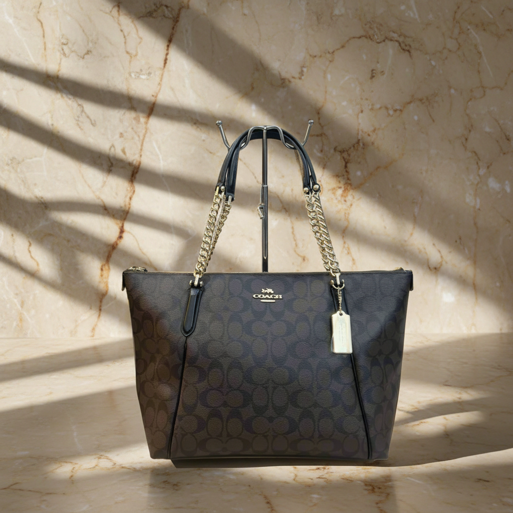COACH AVA LARGE ZIP TOP TOTE IN SIGNATURE BLACK BROWN