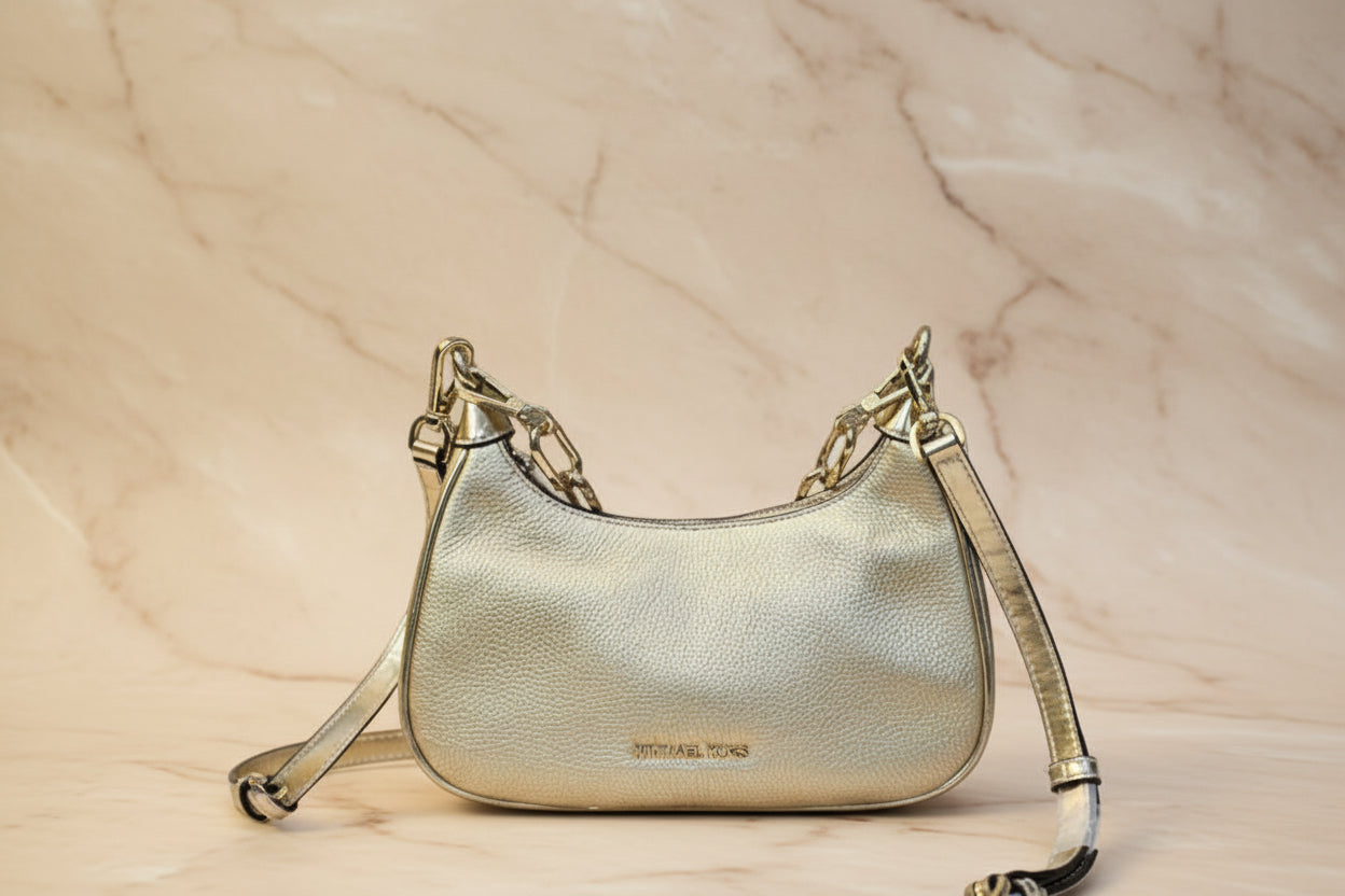 MICHAEL KORS MINI CORA CHAIN SHOULDER BAG/CROSBODY BAG - METTALIC PEBBLE GOLD