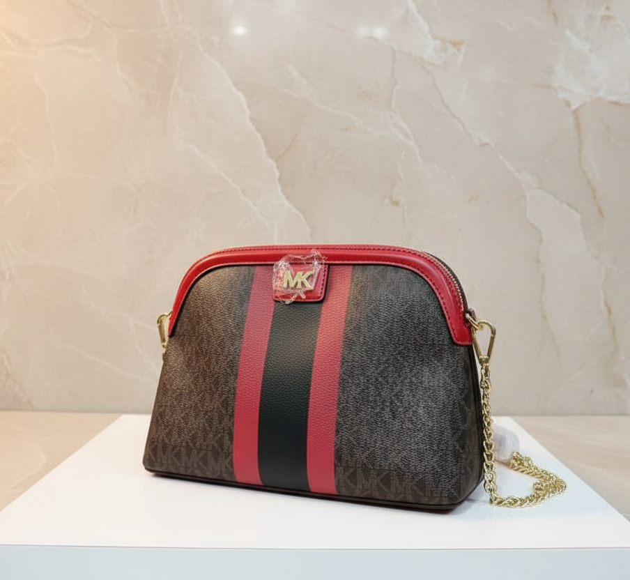MICHAEL KORS DOME LOGO CENTER STRIPE CHAIN CROSSBODY