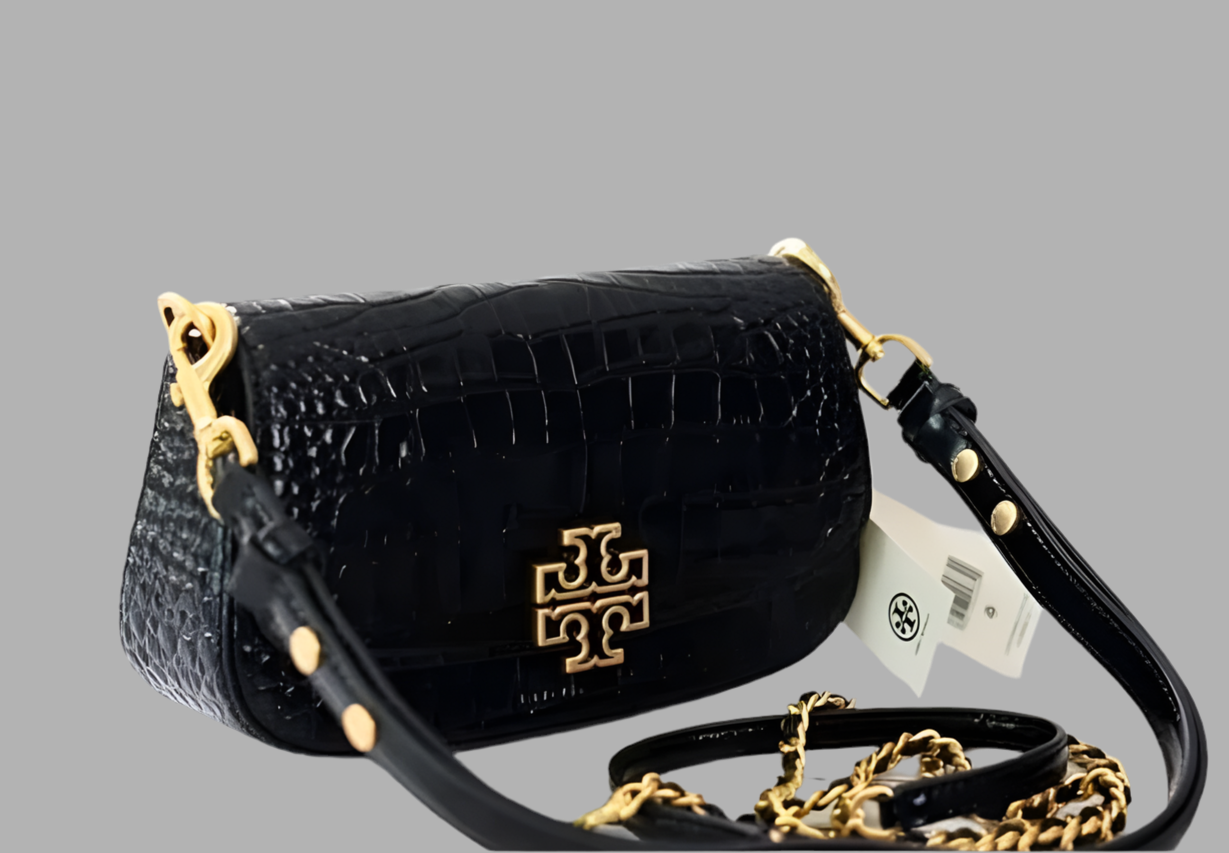 SALE! MISSING 1 BUTTON ON SHOULDER STRAP - TORY BURCH EMBOSSED CROC BRITTEN CONVERTIBLE SHOULDER BAG/XBODY BAG - BLACK