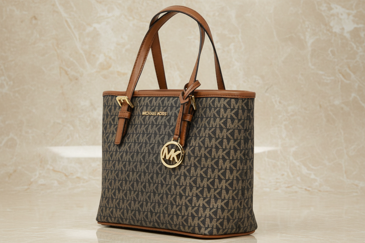MICHAEL KORS XS JET SET CARRYALL TRAVEL ZIP TOTE - BLACK - BROWN MULTI WITH A TOUCH OF METTALIC GOLD