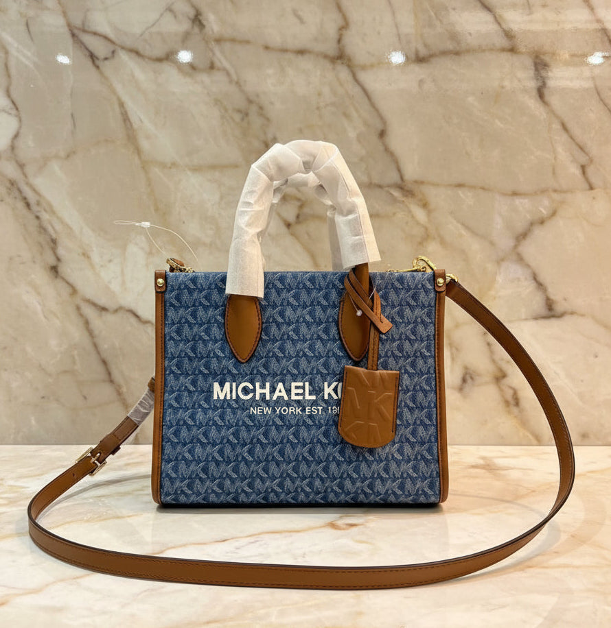 MICHAEL KORS MIRELLA SMALL SHOPPER TOP ZIP CROSSBODY BAG - DENIM MULTI LOGO