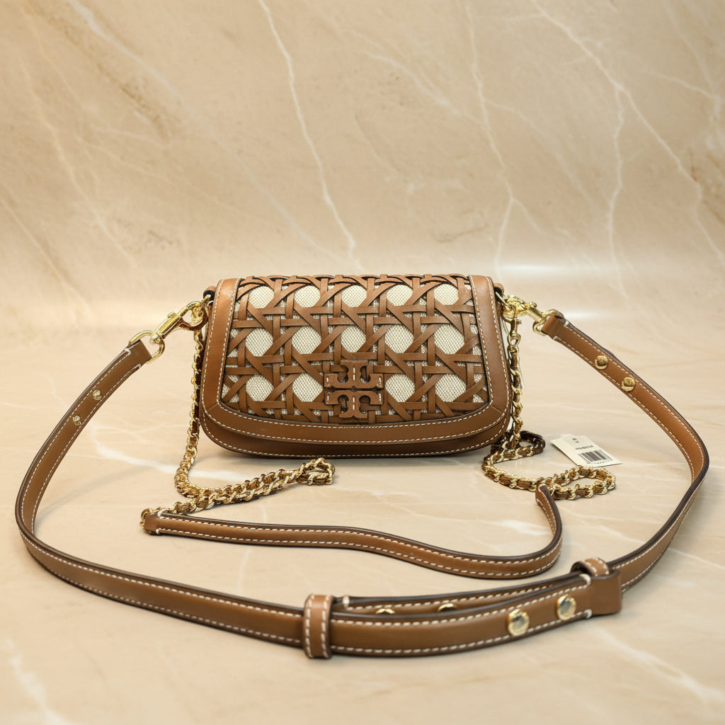 TORY BURCH BRITTEN  BASKET WEAVE CONVERTIBLE CRISSBODY/SHOULDER BAG - MOOSE COLOR