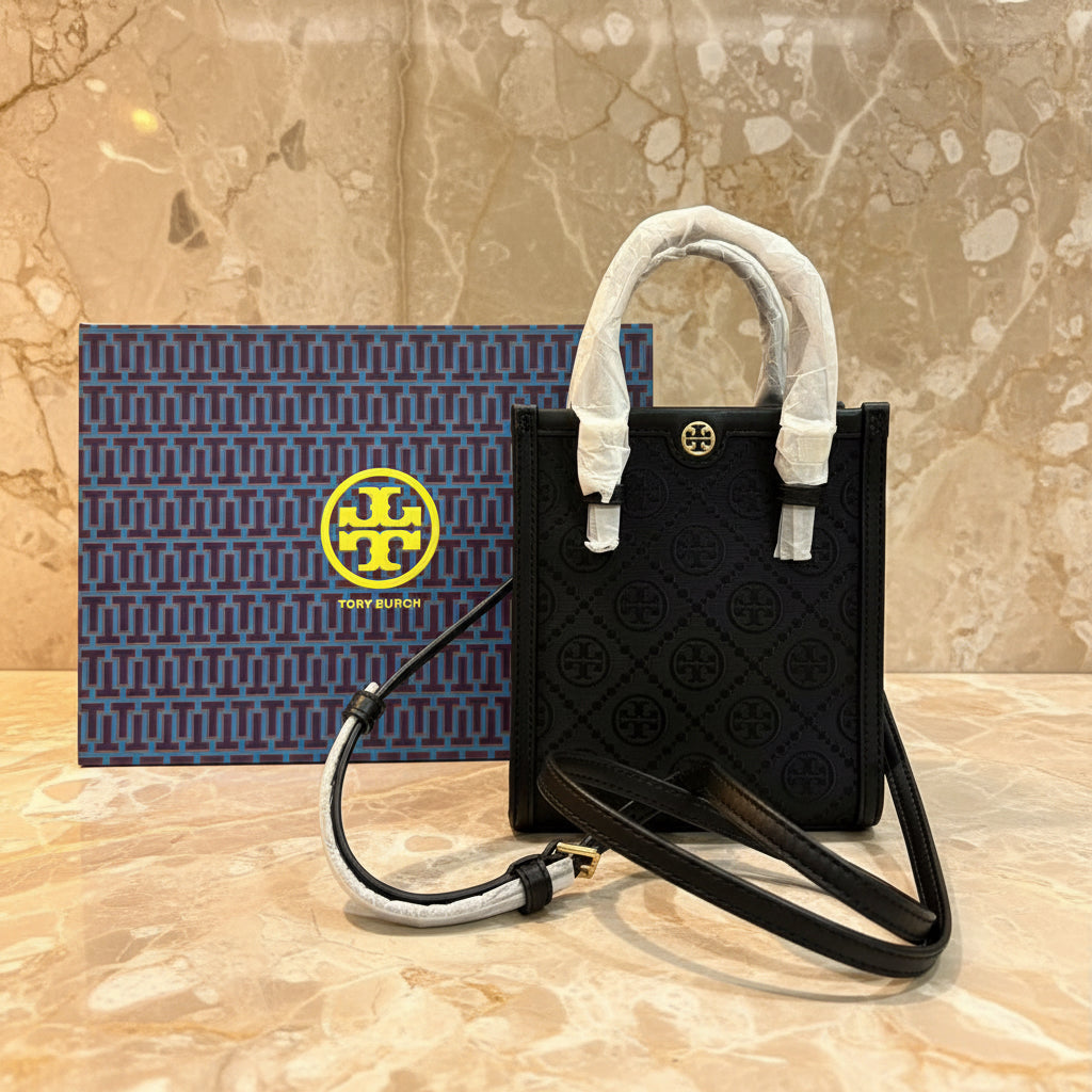 TORY BURCH MINI JACQUARD T MONOGRAM TOTE BLACK