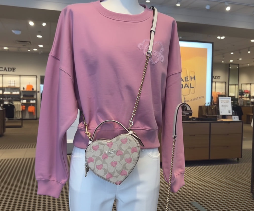 حقيبة كروسبودي من كوتش، جديدة تمامًا، بمقبض علوي ونقشة قلب، مصنوعة من قماش مميز، إصدار عيد الحب 2024