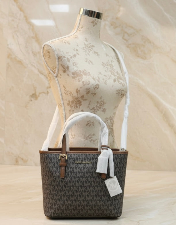 MICHAEL KORS XS JET SET CARRYALL TRAVEL ZIP TOTE - BLACK - BROWN MULTI WITH A TOUCH OF METTALIC GOLD