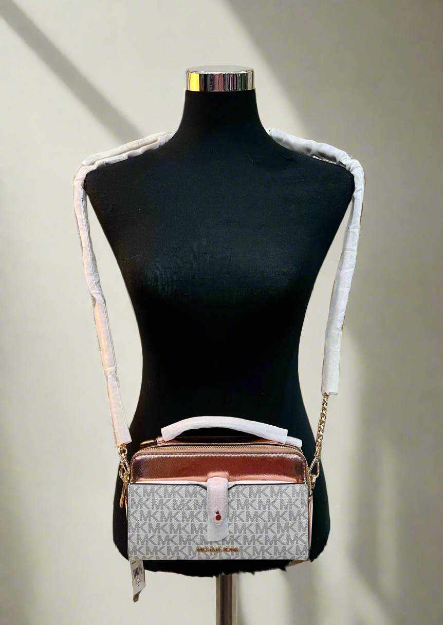 MICHAEL KORS SIGNATURE JET SET METALLIC PROMEROSE DOUBLE ZIP SMARTPHONE CROSSBODY BAG