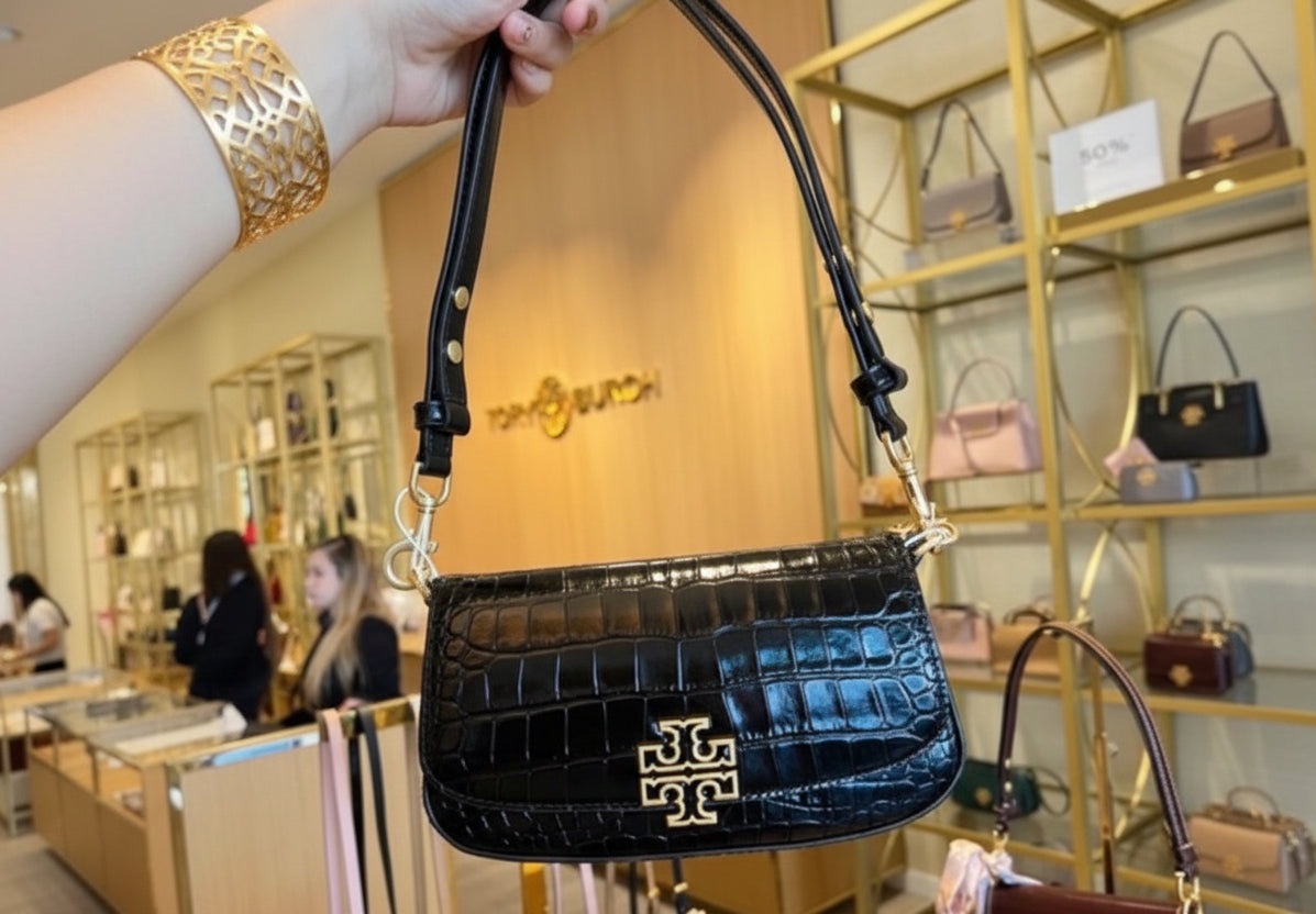TORY BURCH EMBOSSED CROC BRITTEN CONVERTIBLE SHOULDER BAG/XBODY BAG - BLACK
