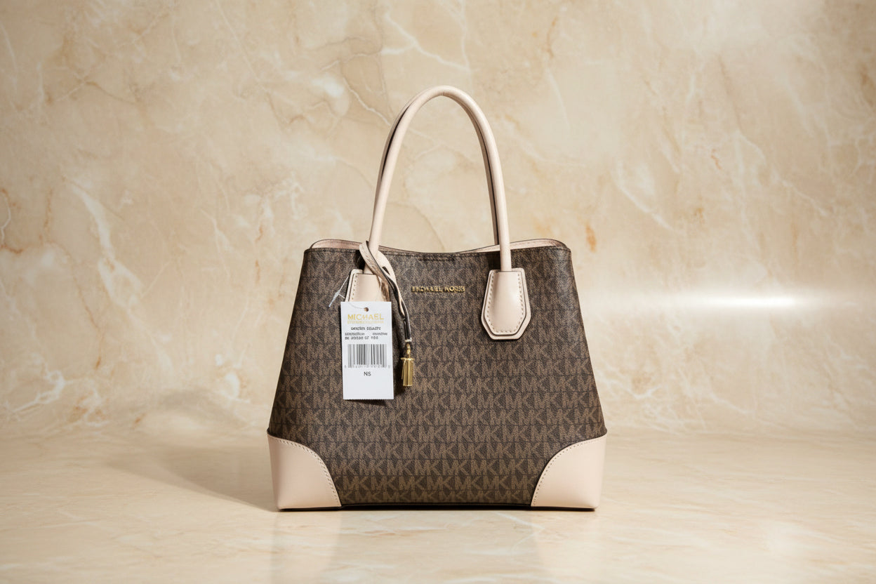 MICHAEL KORS MERCER GALLERY MEDIUM LOGO SATCHEL BAG - BROWN/SOFT PINK