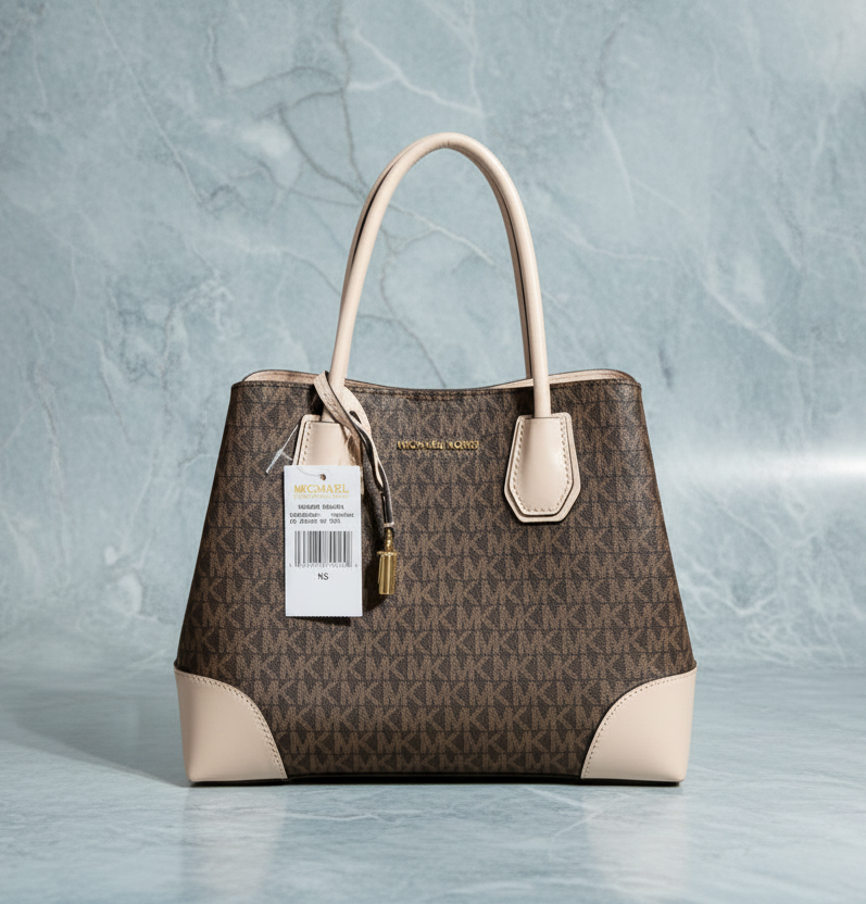 MICHAEL KORS MERCER GALLERY MEDIUM LOGO SATCHEL BAG - BROWN/SOFT PINK