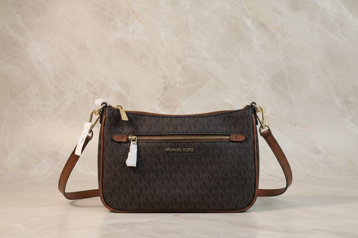 MICHAEL KORS JET SET LOGO CHAIN CROSSBODY SMALL IN SIGNATURE BROWN